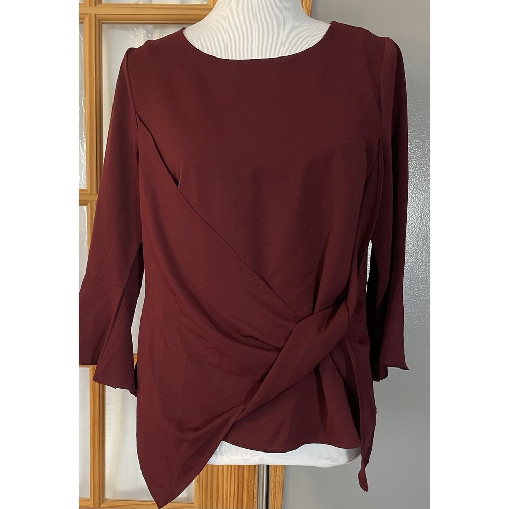 Skies Are Blue Twist Blouse S Bell Sleeve Burgundy Asymmetric Hem Modern Party